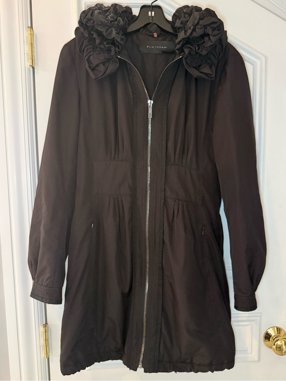 Elie Tahari Black Ruffle Collar Travel Coat w/ Hidden Zip Hood